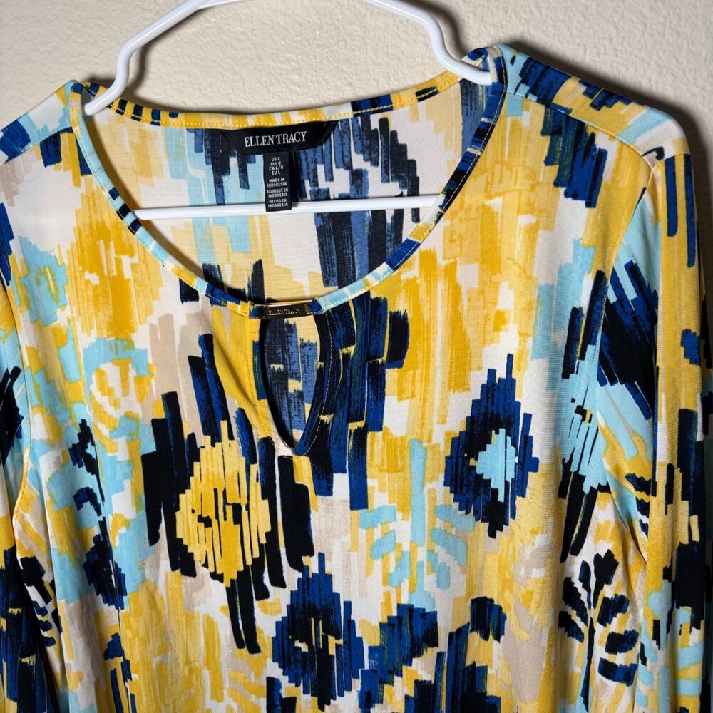 Ellen Tracy Blouse Women's Large Round Neck 3/4 Sleeve Colorful Keyhole Top - Picture 3 of 8